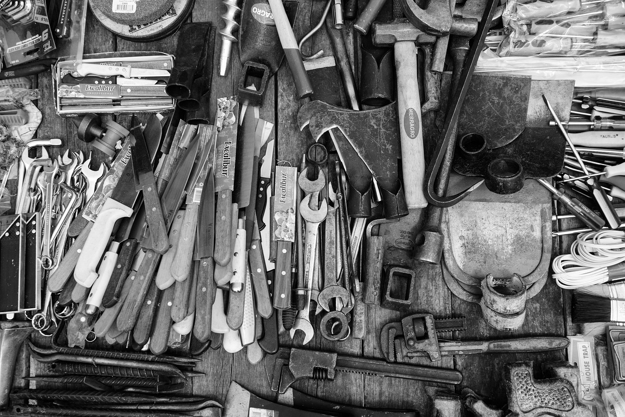 tools, knives, wrenches, drills, cutting tools, metal, assorted, assorted tools, assortment, black and white, monochrome, tools, tools, tools, tools, tools